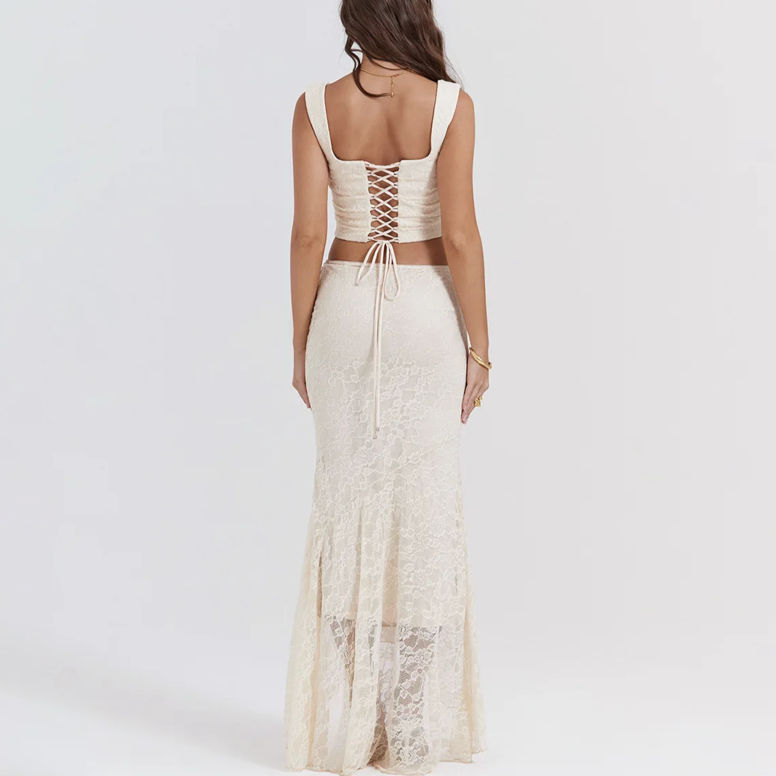 Cream Lace Details Midi Dress Set