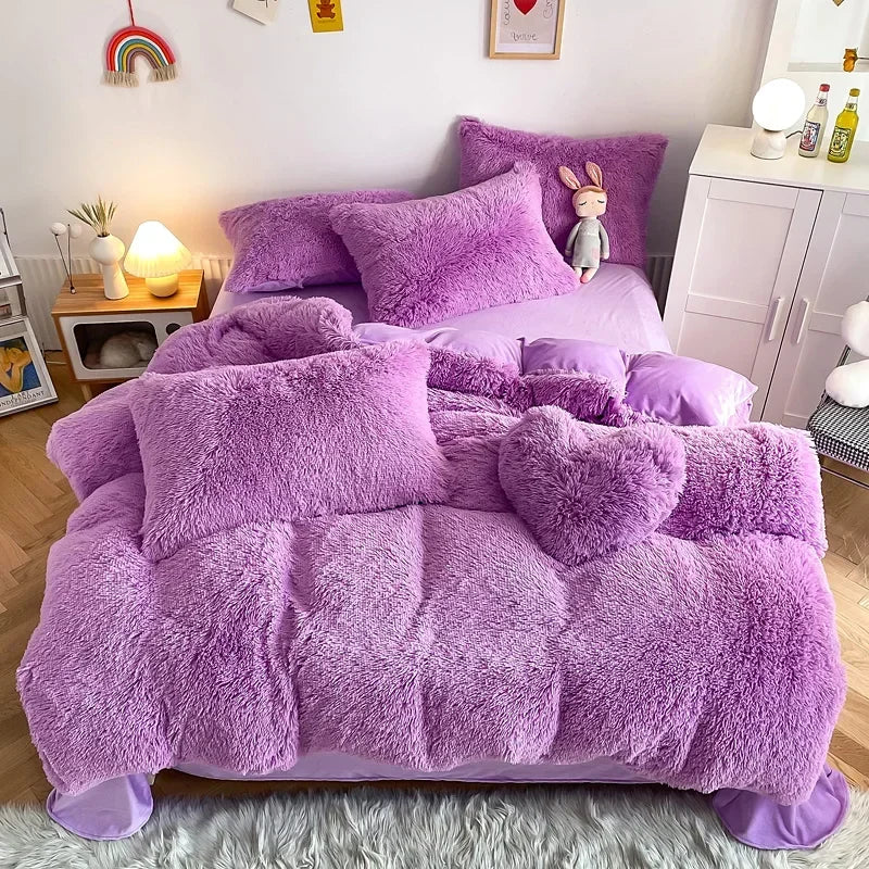 Plush Bedding Set Soft Fluffy Faux Fur Duvet Cover Sheet Pillowcase Fuzzy warm Bedlinens