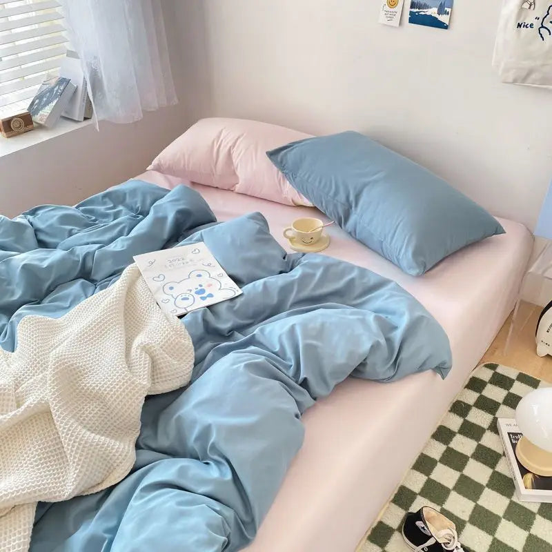 Korean Solid Color Bedding Set Adults Kids Twin Full Queen Size Soft Bed Flat Sheet Duvet Cover Set Pillowcases Simple Bed Linen