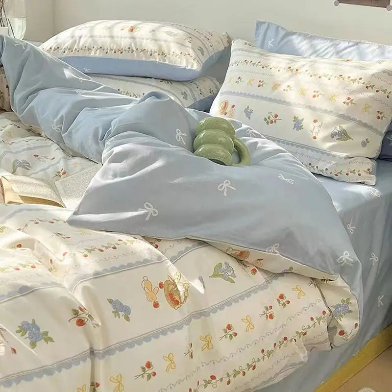 New Fashion Bedding Set Ins Floral Single Double Size Duvet Cover Flat Sheet Pillowcase Grid Solid Color Home Girls Bed Linens