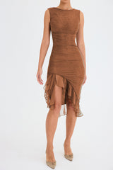 Brown Sleeveless Backless Ruffle Midi Dress