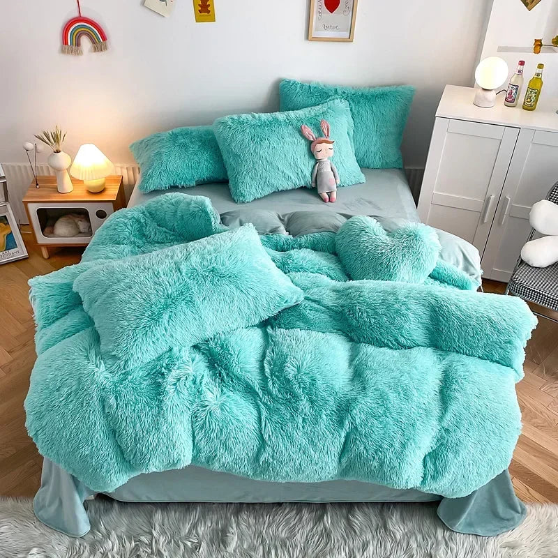Plush Bedding Set Soft Fluffy Faux Fur Duvet Cover Sheet Pillowcase Fuzzy warm Bedlinens