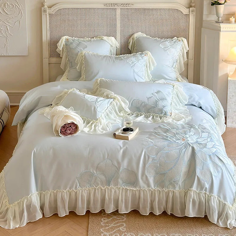 Princess Long Stable Cotton Duvet Cover Set Four Piece Set French Flower Embroidery Quilt Cover Lace Bedding Set Bedsheets
