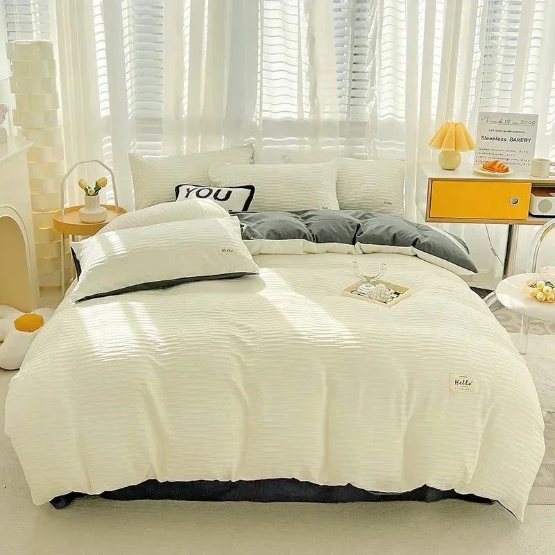 washed cotton four piece set of solid color double panel quilt cover, fitted sheet, student dormitory four piece set