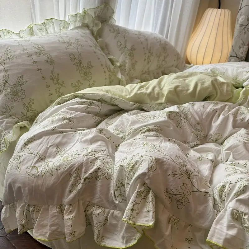 Korean Princess Duvet Cover Set Skin Friendly Wash Cotton Bedding Set Of Four Pieces Lace Bedin Set Bed Sheets Comforter Cover