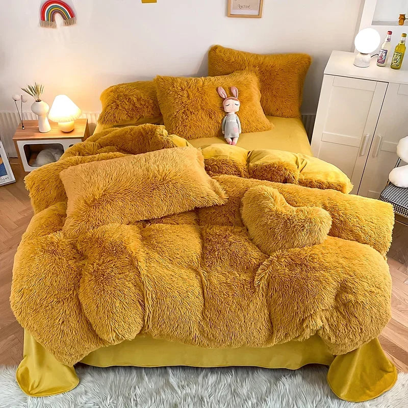 Plush Bedding Set Soft Fluffy Faux Fur Duvet Cover Sheet Pillowcase Fuzzy warm Bedlinens