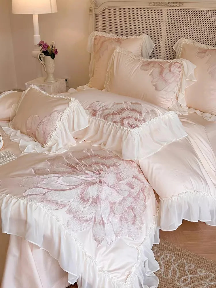 Princess Long Stable Cotton Duvet Cover Set Four Piece Set French Flower Embroidery Quilt Cover Lace Bedding Set Bedsheets