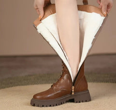 Leather Zip Up Thick Fur Knee High Boots