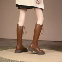 Leather Zip Up Thick Fur Knee High Boots
