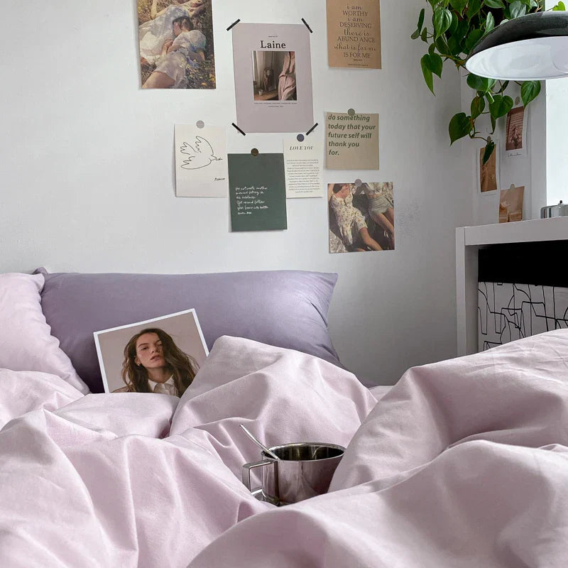 Nordic Princess Purple Girls Bedding Set Single Double Size Flat Sheet Solid Color Duvet Cover Pillowcase Bed Linen Home Textile