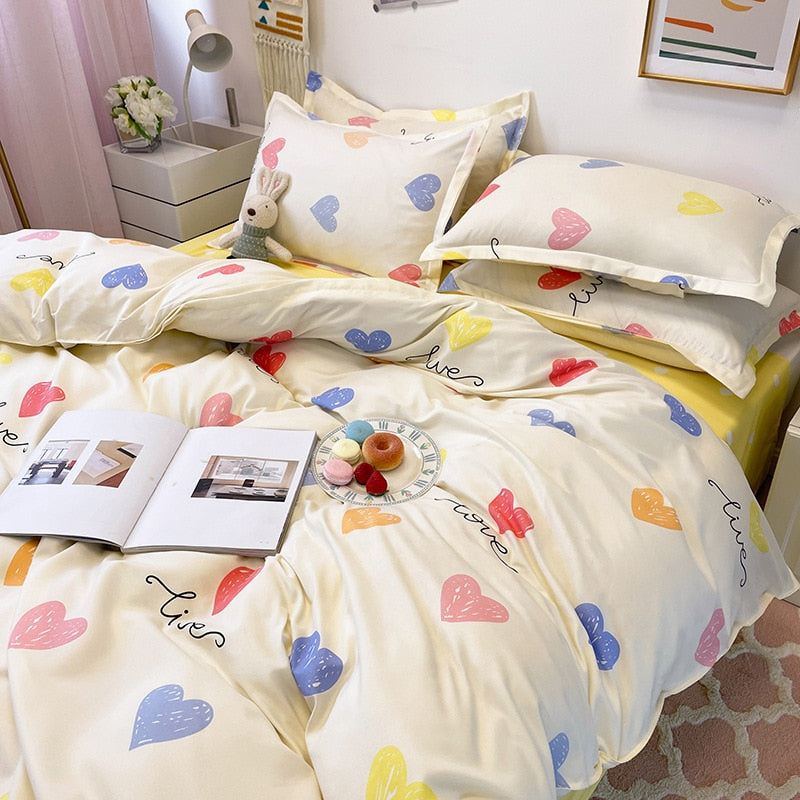 King Size Bedding Set with Quilt Cover Flat Sheet Pillowcase Kids Girls Boys Checkerboard Pinted Single Double Bed Linen