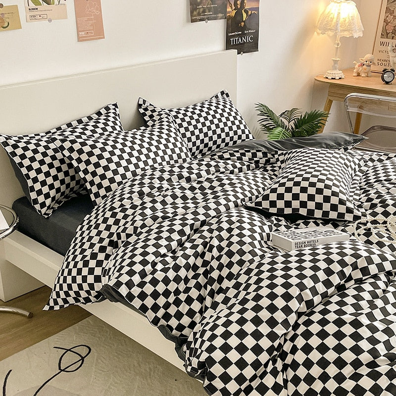 King Size Bedding Set with Quilt Cover Flat Sheet Pillowcase Kids Girls Boys Checkerboard Pinted Single Double Bed Linen