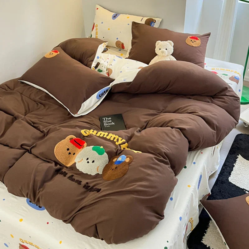 Super Soft Towel Embroidery Bedding Set Duvet Cover Queen Full Twin Size Bed Flat Sheet Kids Girls Quilt Cover Pillowcase Kawaii