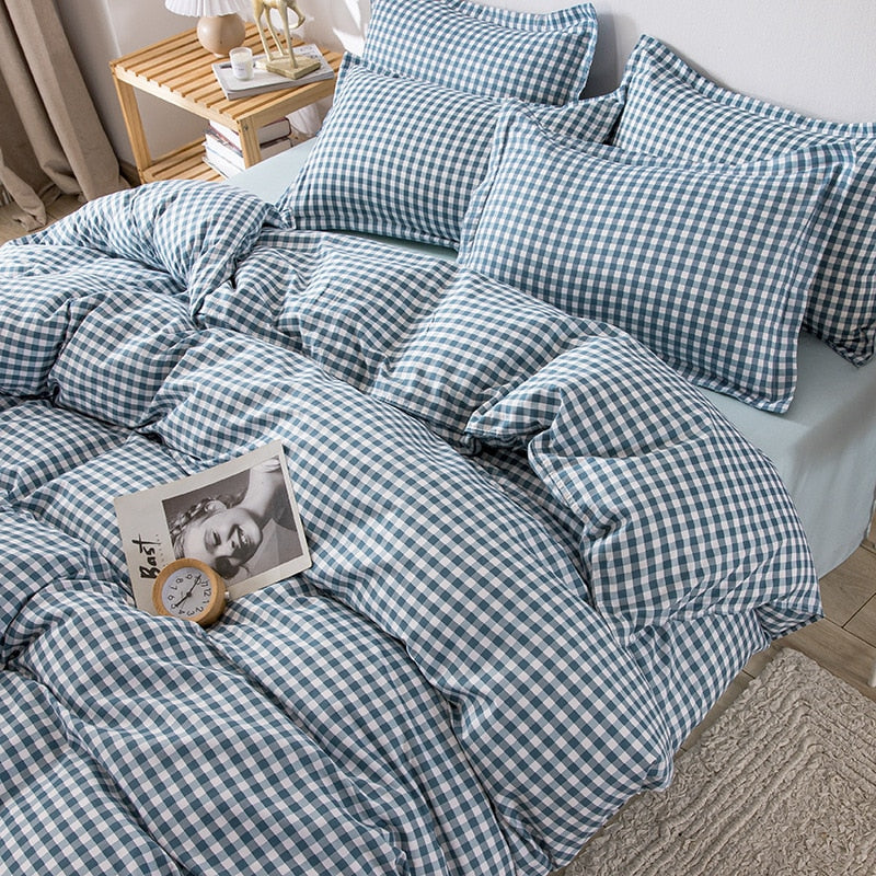 King Size Bedding Set with Quilt Cover Flat Sheet Pillowcase Kids Girls Boys Checkerboard Pinted Single Double Bed Linen