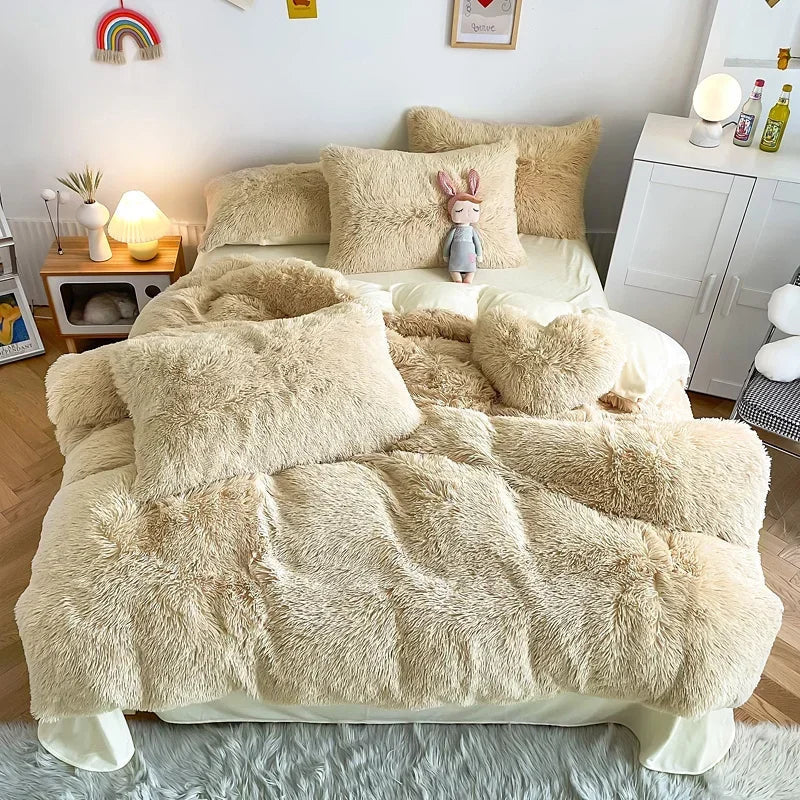 Plush Bedding Set Soft Fluffy Faux Fur Duvet Cover Sheet Pillowcase Fuzzy warm Bedlinens