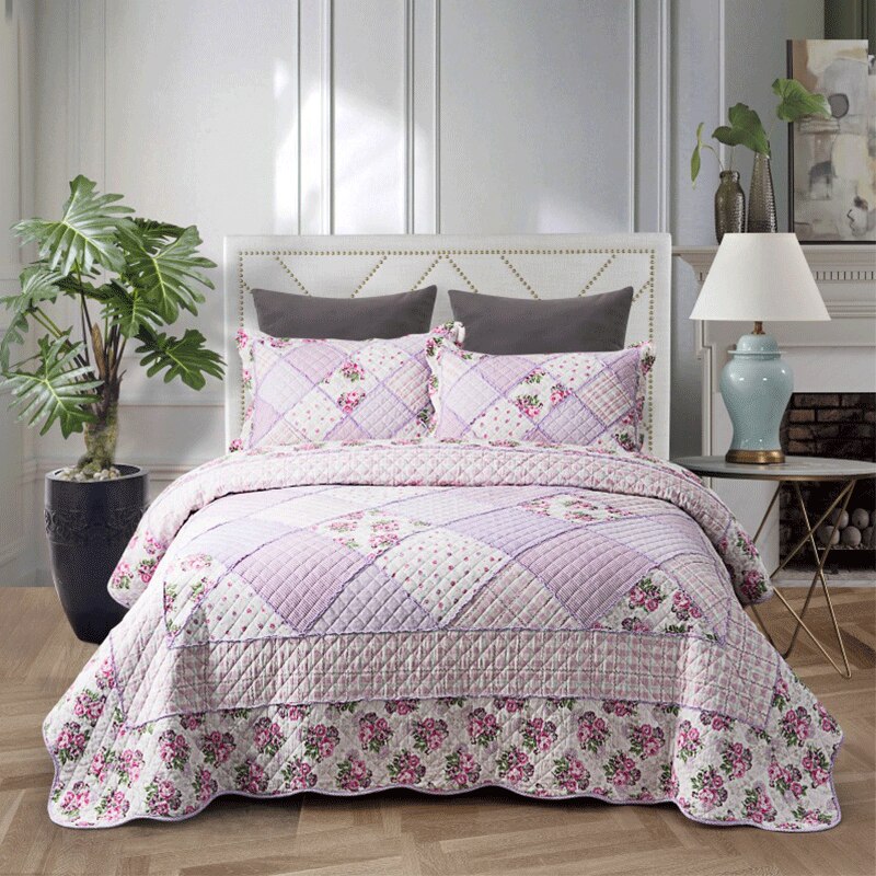 Single Double Bed 100%Cotton Purple 3pcs Printed Quilted Quilt Pillowcase Free Shipping lençol de cama casal أسرّة