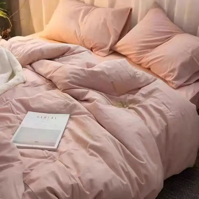 Nordic Princess Pink Bedding Set Girls Adults Twin Full Queen Size Bed Flat Sheet Duvet Cover Pillowcases Solid Color Bed Linen
