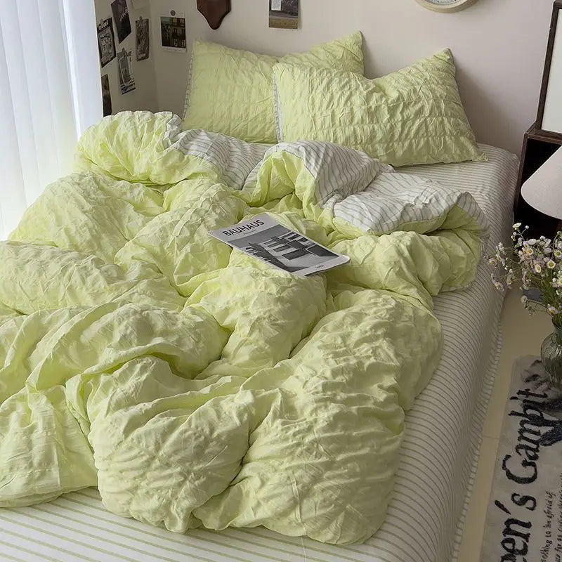 Seersucker Princess Girls Bedding Set Duvet Cover Korean Four PIECE  Washed Cotton Bed Sheet  Cover Quilt Set