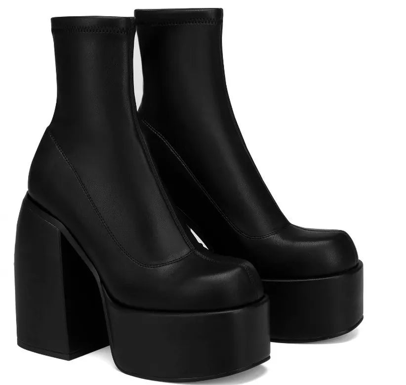 Round Toe Platform Chunky Heels Boots