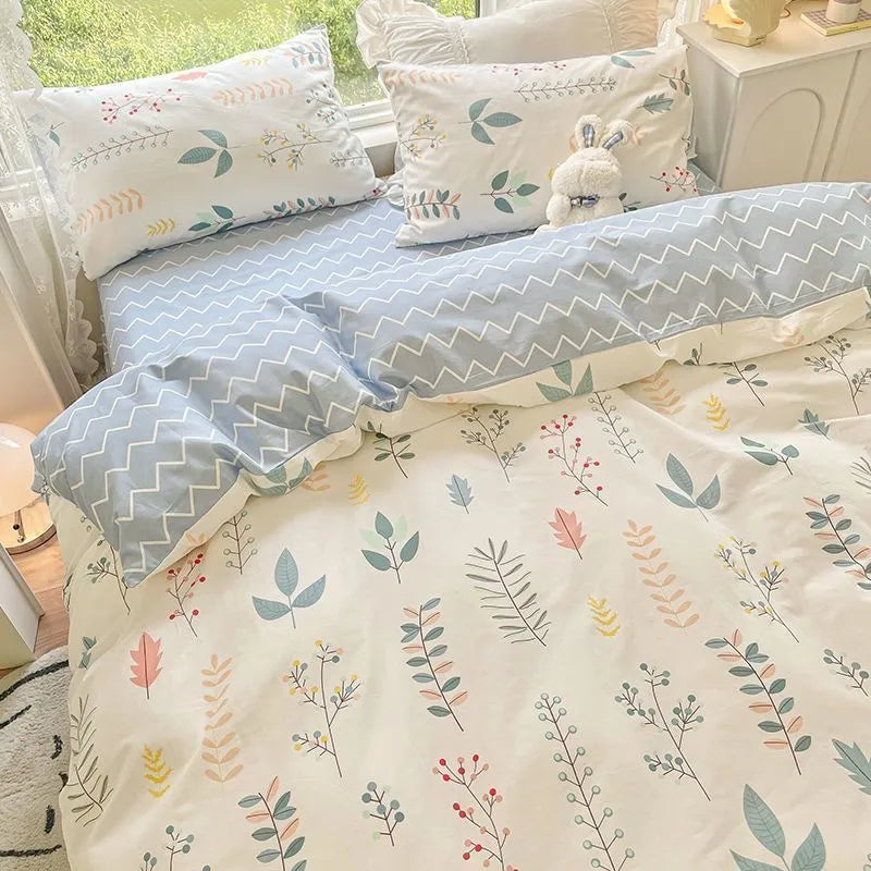 Kawaii Cherry Duvet Cover Set Pillowcase Flat Sheet Floral Boys Girls Twin Full Size Soft Bedding Kit Korean Ins Style Home Use