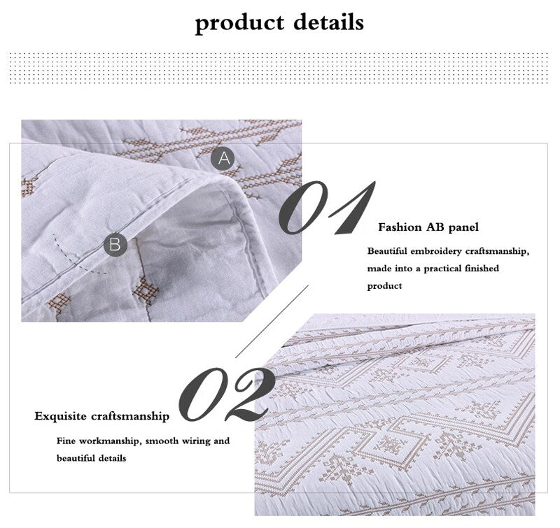Double Bed Cover Geometric Embroidery Plain 3 Piece Quilted Quilt Pillowcase Free Shipping