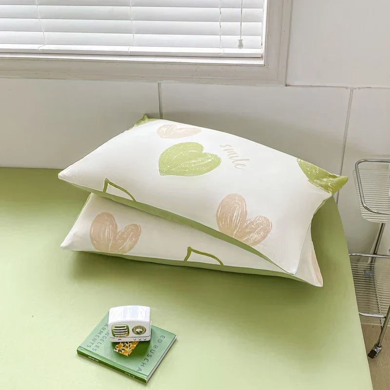 Sweet Green Heart-Shaped Princess Girls Duvet Covers Simple Quilt Cover Bed Flat Sheet Pillowcase Washed Cotton Bed Linens