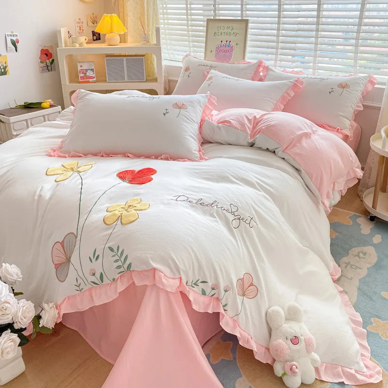 Ins Korean Style Bedding Set with Ruffles Princess Duvet Cover No Filling Flat Sheet Pillowcases Kit Girls Blue Pink Solid Color