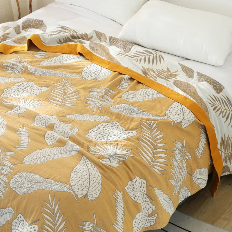 Textile City Patterned Leaves Yellow Cotton Gauze Throw Blanket 5-layer Gauze Towel Quilt Soft Comfy Home Blanket 200x230cm
