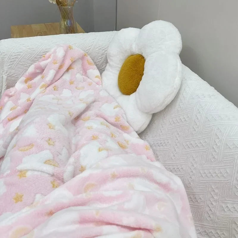 INS Blanket Cartoon Moon Star Printed Throw Flannel Blanket Office Sofa Blanket Soft Bedding For Adults Children Plush Bedspread
