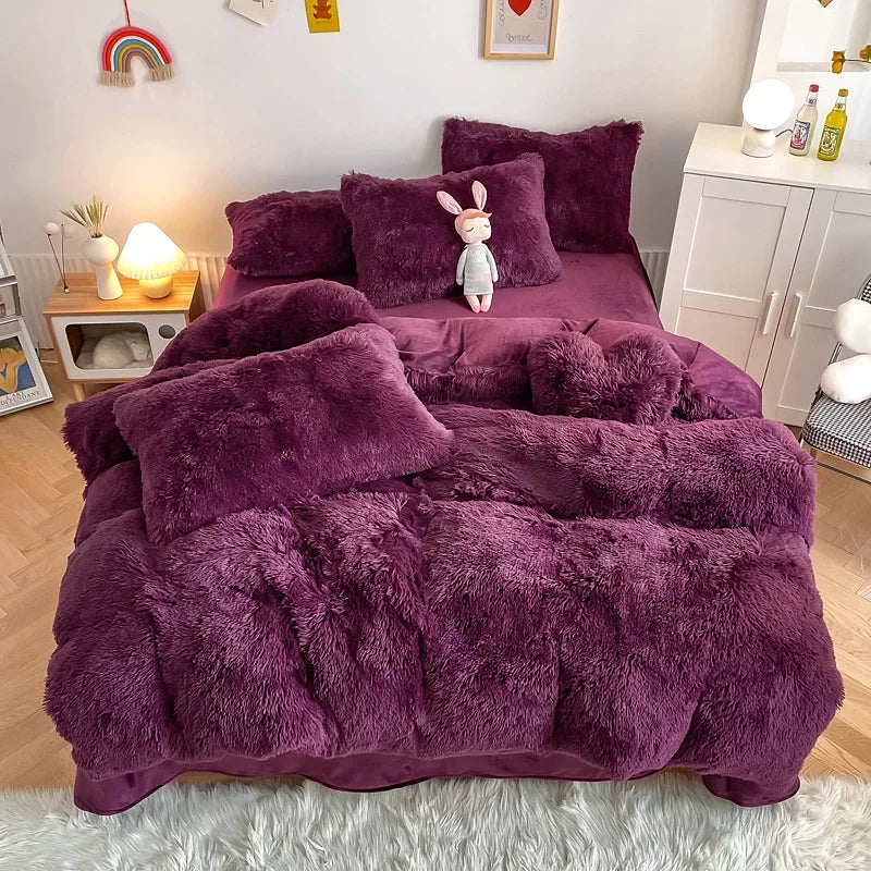 Plush Bedding Set Soft Fluffy Faux Fur Duvet Cover Sheet Pillowcase Fuzzy warm Bedlinens