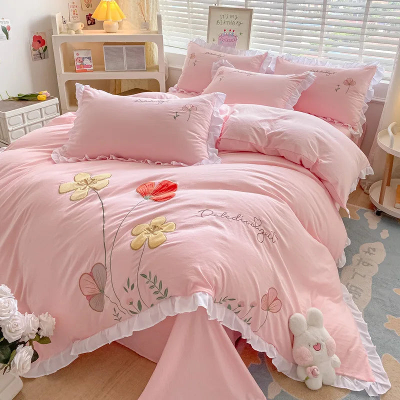 Ins Korean Style Bedding Set with Ruffles Princess Duvet Cover No Filling Flat Sheet Pillowcases Kit Girls Blue Pink Solid Color