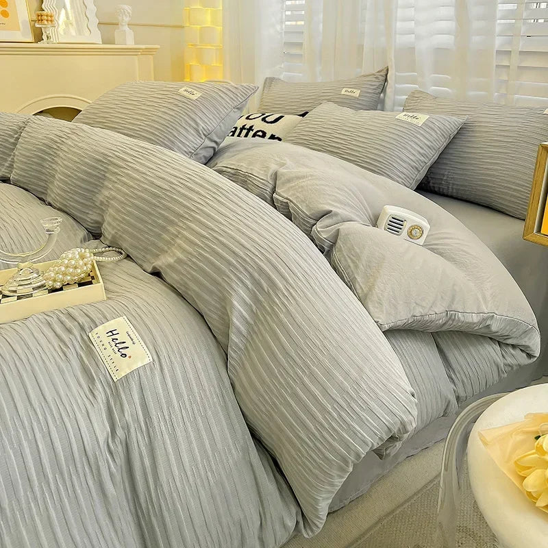 washed cotton four piece set of solid color double panel quilt cover, fitted sheet, student dormitory four piece set