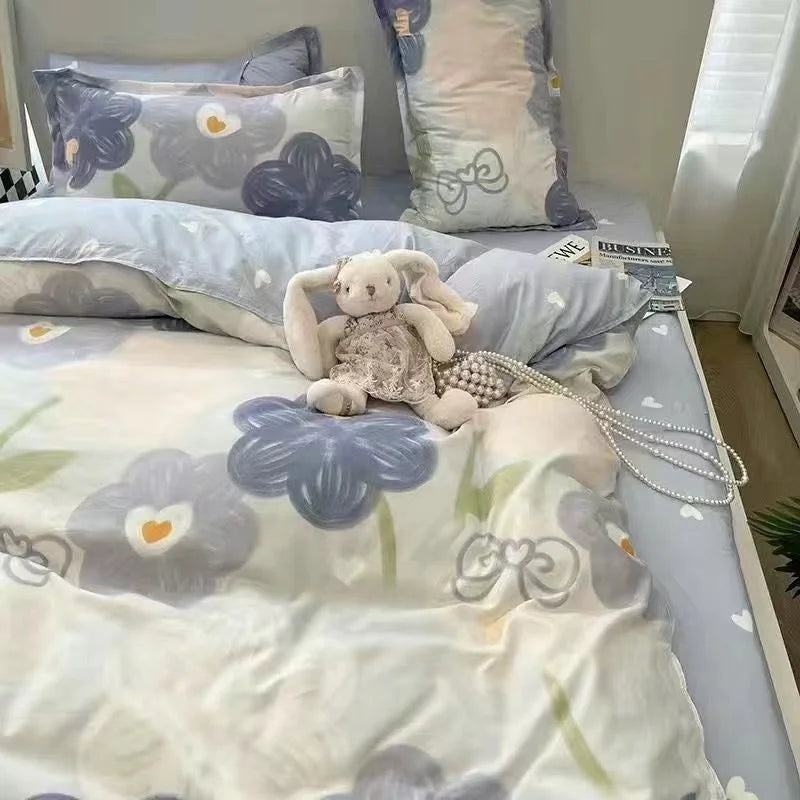 INS Gradual Cream Pink Green Bedding Set Floral Duvet Cover Pillowcase Kawaii Bed Sheet Quilt Cover Single Queen King Size