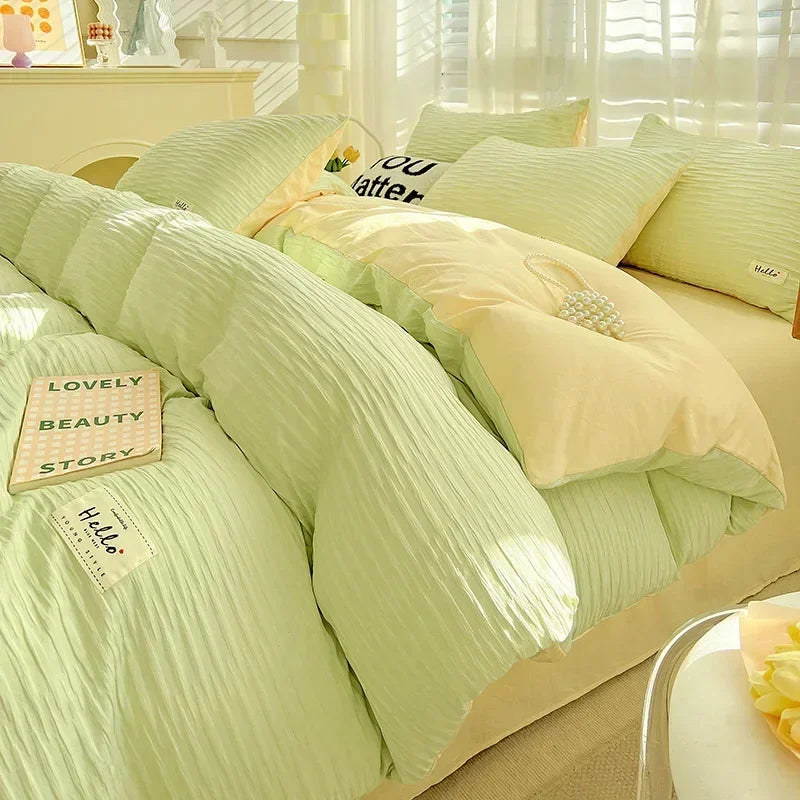 washed cotton four piece set of solid color double panel quilt cover, fitted sheet, student dormitory four piece set