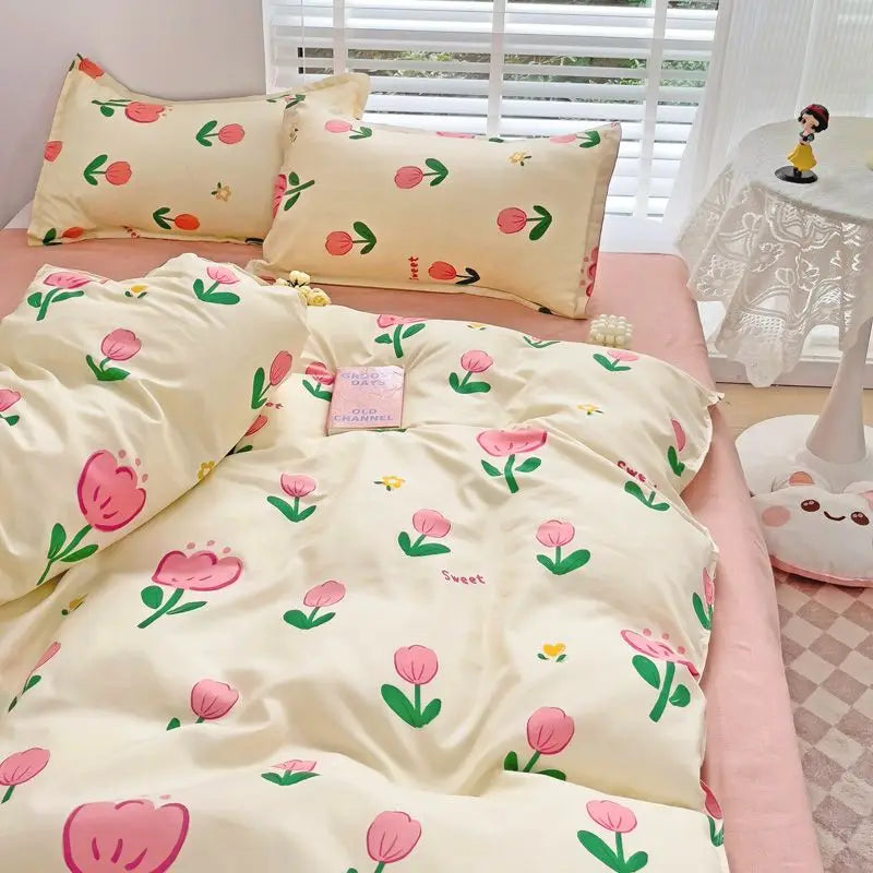 Ins Style Bedding Set No Filler Purple Tulip Fashion Duvet Cover Flat Sheet Pillowcase Girls Boys Single Double Size Bed Linen