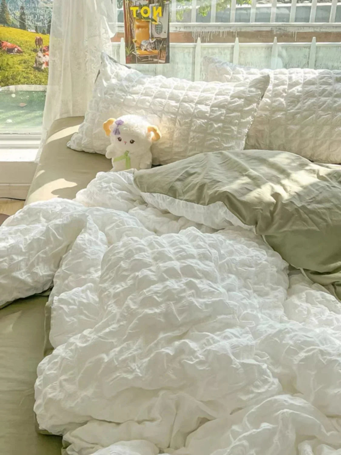Princess Bedding Set  French Style Wash Cotton Solid Color Seersucker Summer Soft 4New Bed Sheet Set Comforter Set