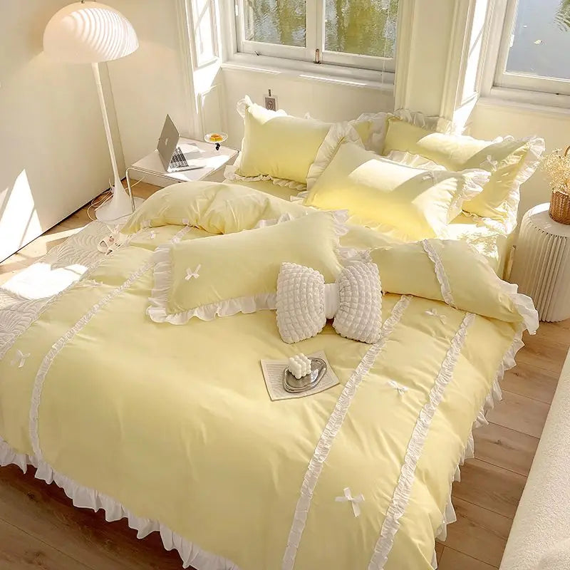 Princess Style Duvet Cover Set with Flat Sheet Pillowcases Korean Green Pink Girls Gift Spring Single Queen Size Bedding Kit