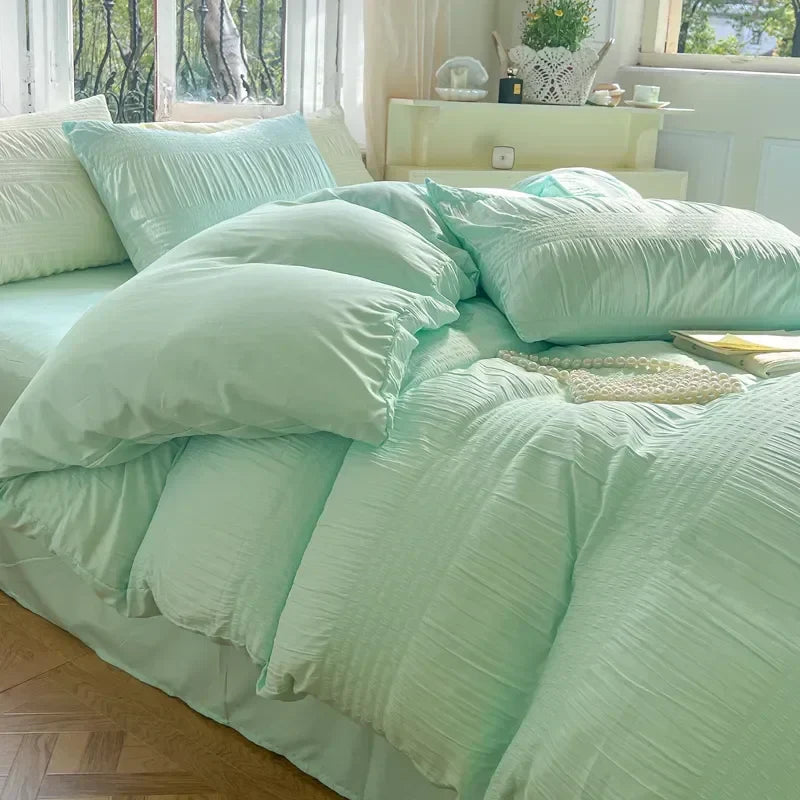 Korean Princess Seersucker Bedding Set Duvet Cover Flat Sheets Pillowcase Bed Sheet Set Soft Comforter Cover Bed Linens Set