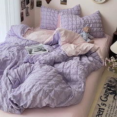Seersucker Princess Girls Bedding Set Duvet Cover Korean Four PIECE  Washed Cotton Bed Sheet  Cover Quilt Set