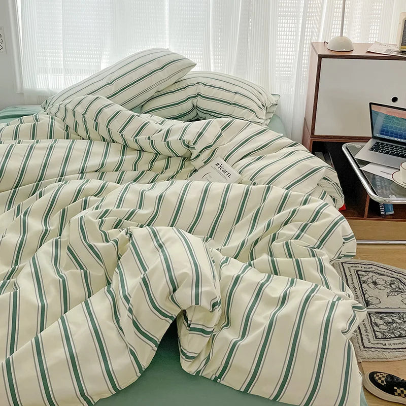 Green Stripe Series Printed Soft Bedding Set Duvet Cover Bedclothes Bedspread Pillowcases Flat Sheets Comforter Sets for Girls