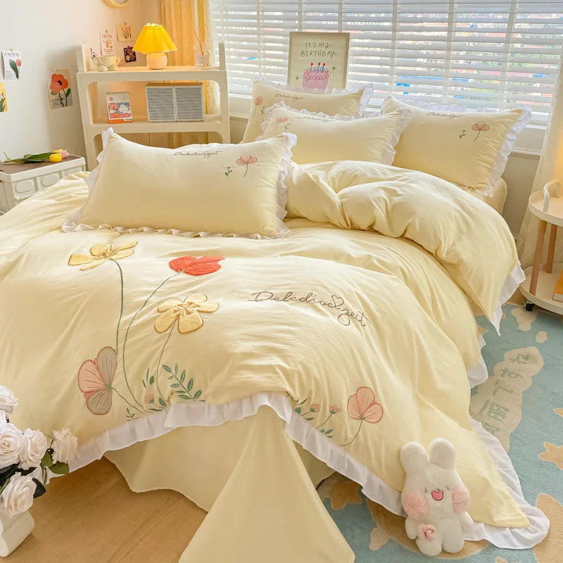 Ins Korean Style Bedding Set with Ruffles Princess Duvet Cover No Filling Flat Sheet Pillowcases Kit Girls Blue Pink Solid Color