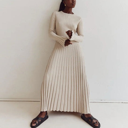 Beige Long Sleeve Knit Midi Dress