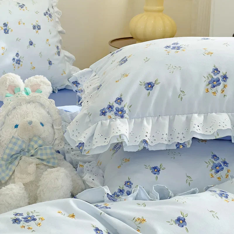 Ins Style Floral Duvet Cover Set Flat Sheet Pillowcases No Filling Queen 200x230cm Romantic Girls Blue Bedding Flower Bed Linens