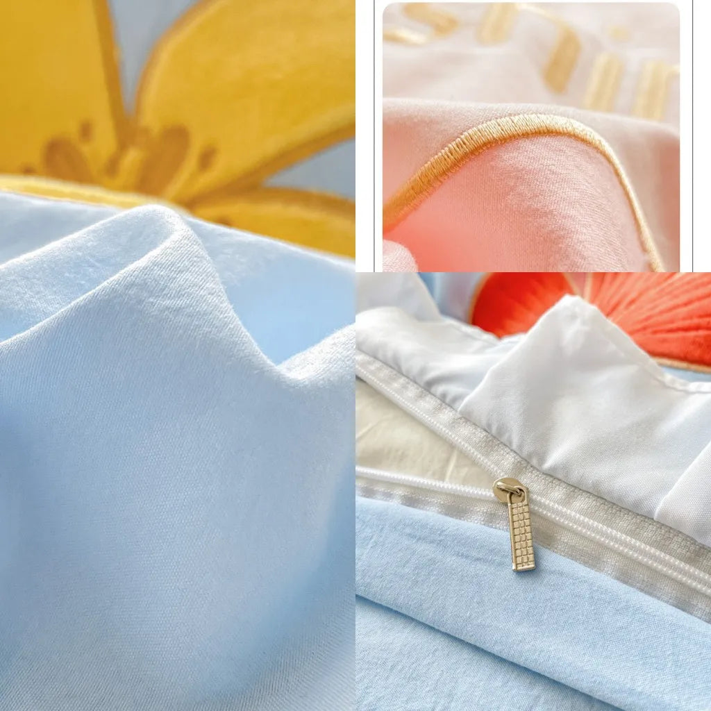 Ins Korean Style Bedding Set with Ruffles Princess Duvet Cover No Filling Flat Sheet Pillowcases Kit Girls Blue Pink Solid Color