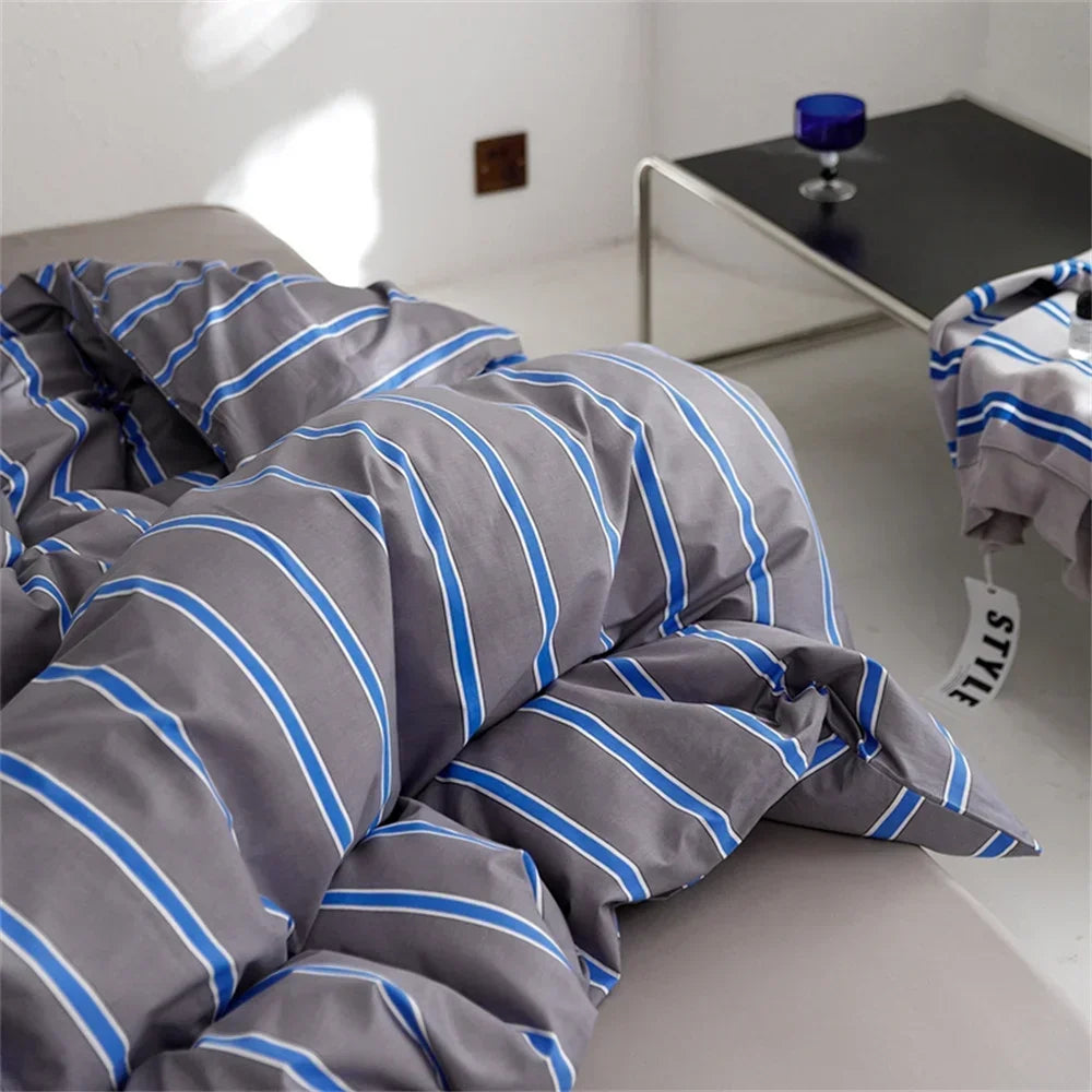 Nordic Grey Blue Stripes Duvet Cover Set Cotton Queen King Size Bedding Set Bedlinens Sheet Pillowcases