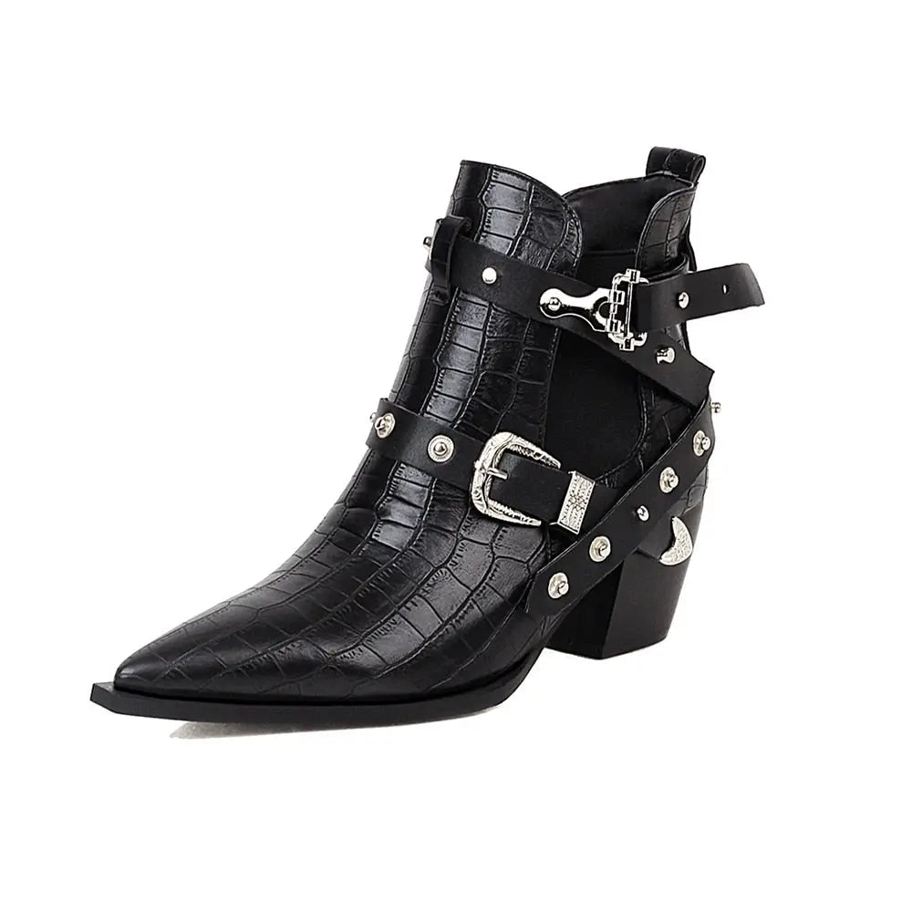 Ankle Boots Snake Pattern PU Leather Buckles