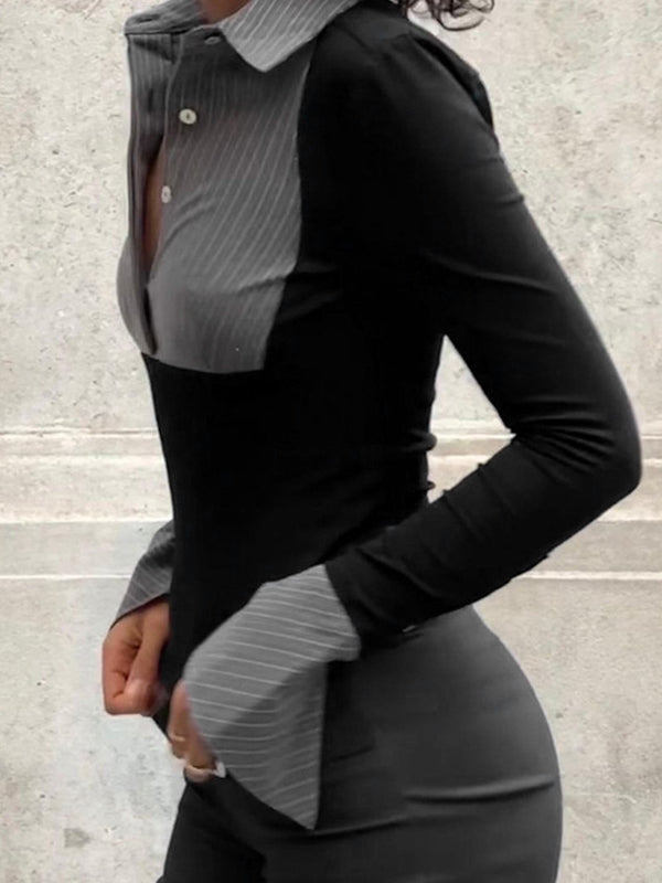 Officecore Pinstriped Splicing Collar Blouse