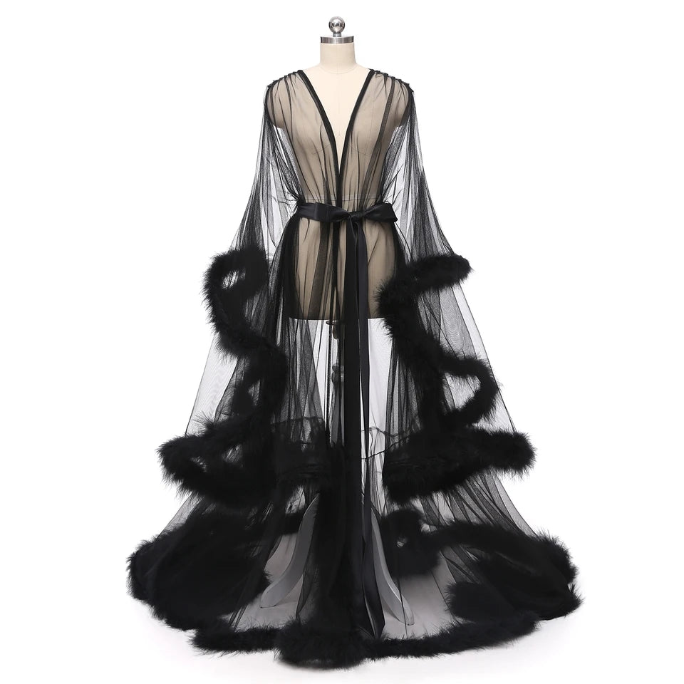 Tulle Illusion Fur Trim Floor Length Robe – Corlus