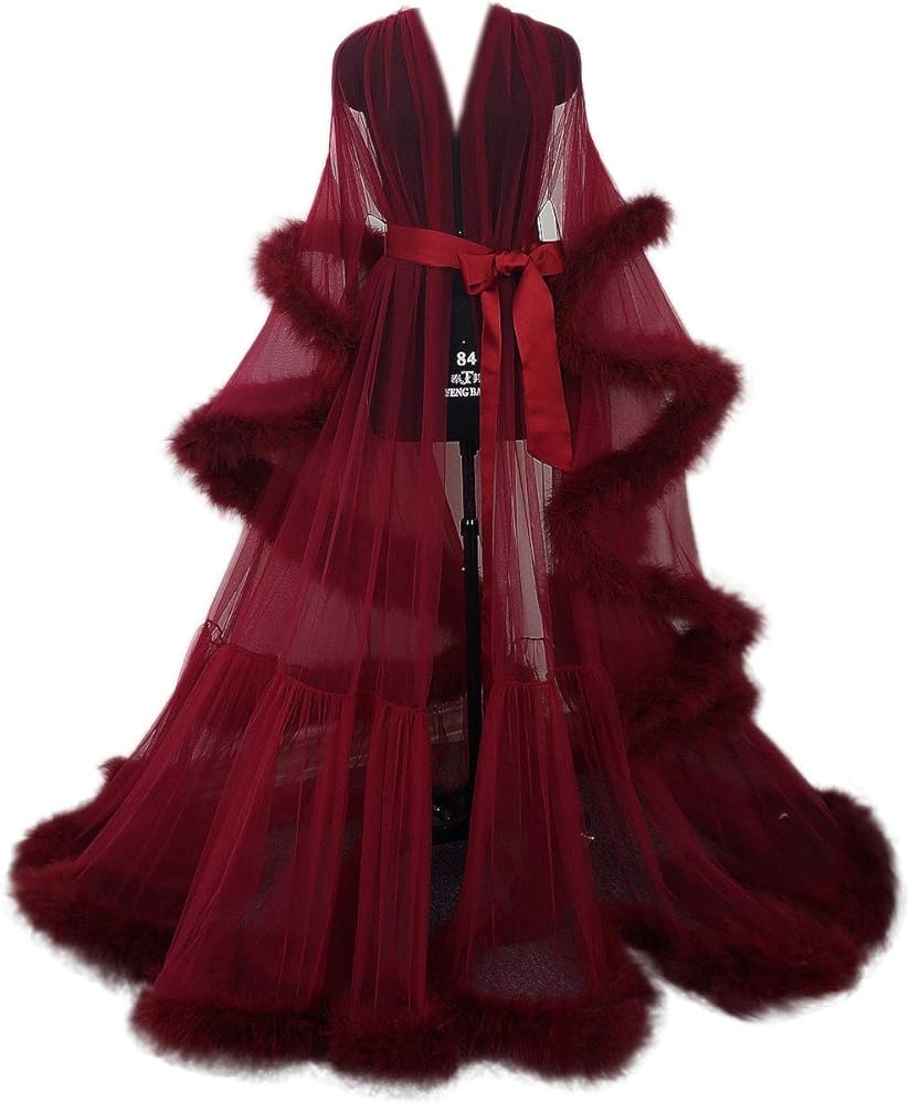Tulle Illusion Fur Trim Floor Length Robe – Corlus