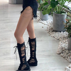 Hip Hop Frayed Destroyed Denim Shorts With Side Chain Ties